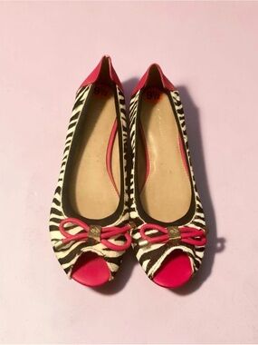 BCBGeneration Zebra Print Peep-Toe Flats with Hot Pink Trim